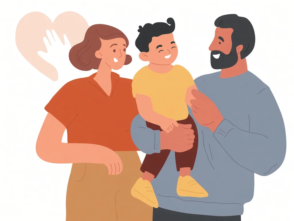 Ilustración de una madre y un padre que sostienen a su hijo pequeño, sonriendo