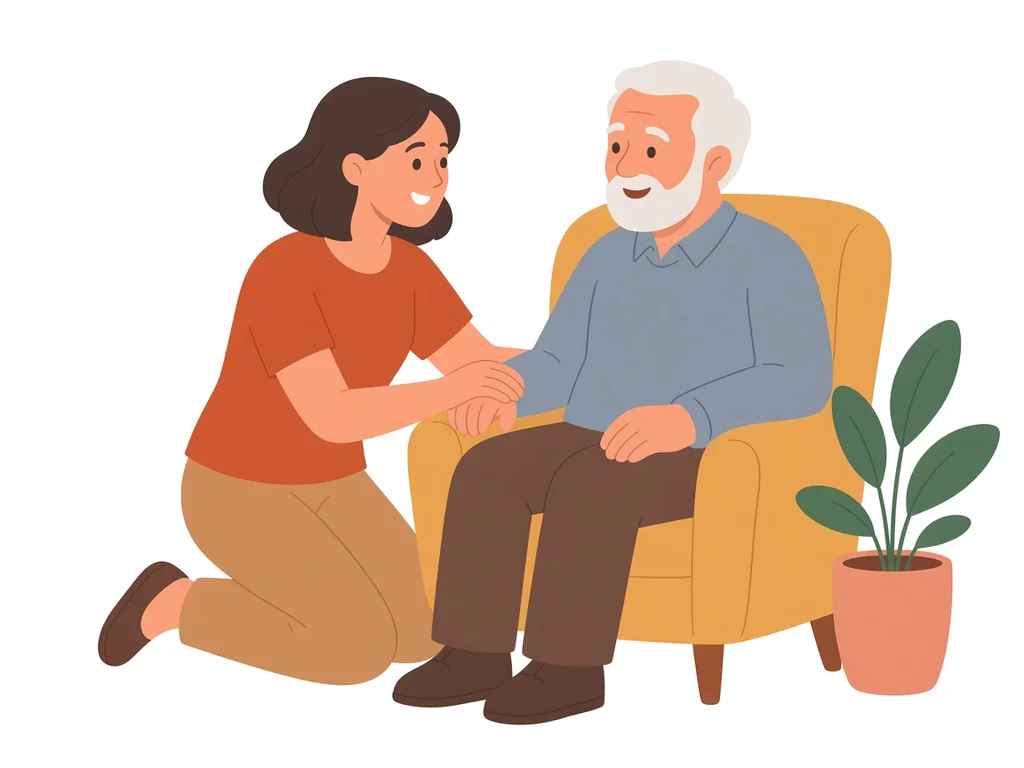 Ilustración de una joven cuidadora que da la mano a un hombre mayor sentado en un sillón