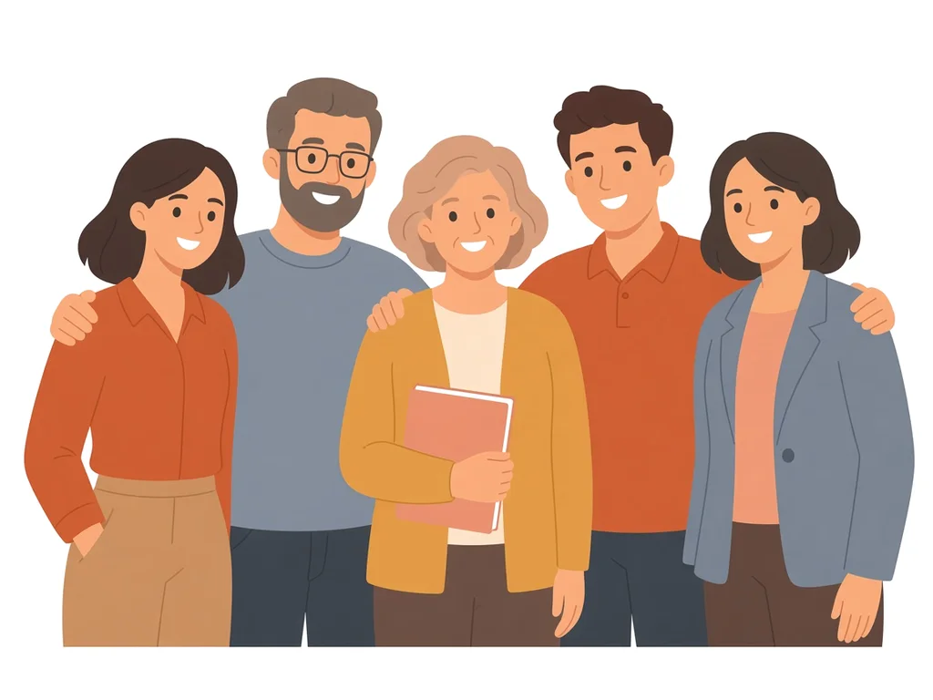 Ilustración de un equipo de cinco profesionales sonrientes, abrazados por los hombros