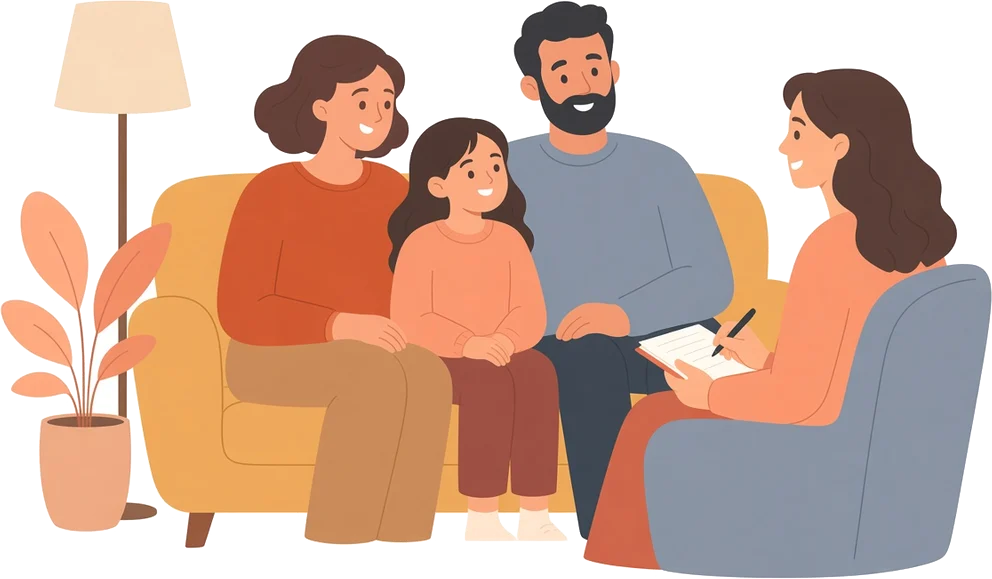 Ilustración de una familia en un sofá conversando con una psicóloga