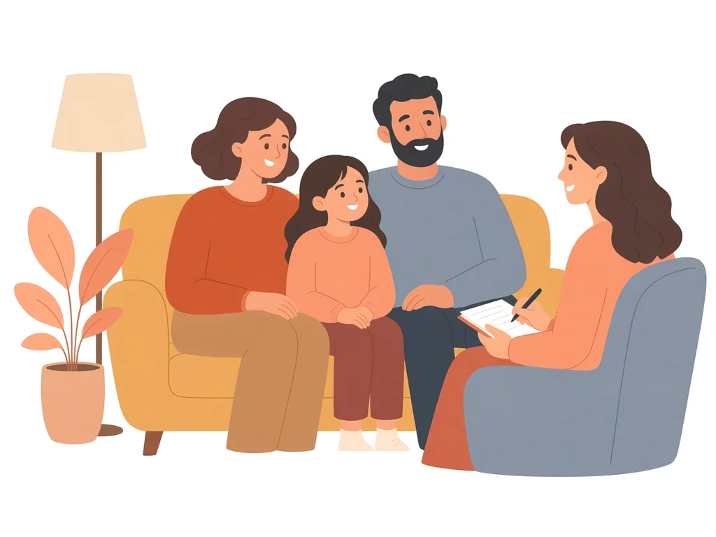 Ilustración de una familia en un sofá conversando con una psicóloga