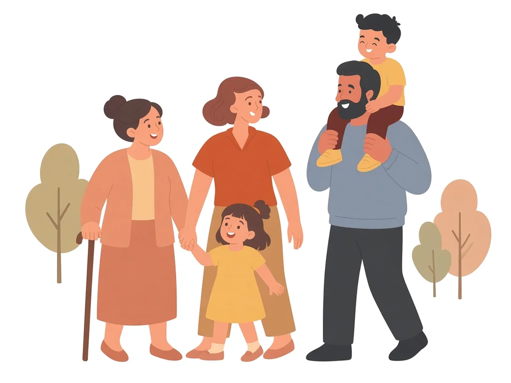 Ilustración de una familia de tres generaciones paseando: abuela, madre, padre y dos niños