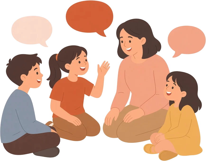 Ilustración de tres niños sentados en corro que hablan con una educadora