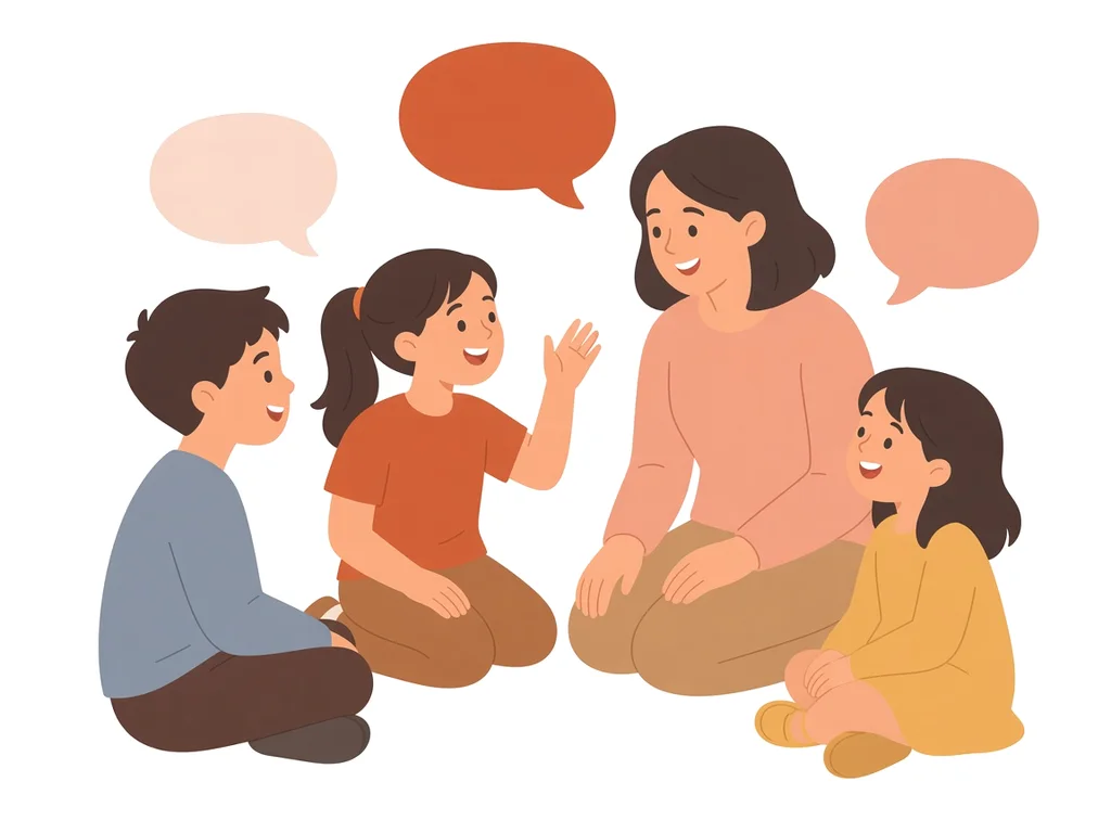 Ilustración de tres niños sentados en corro que hablan con una educadora