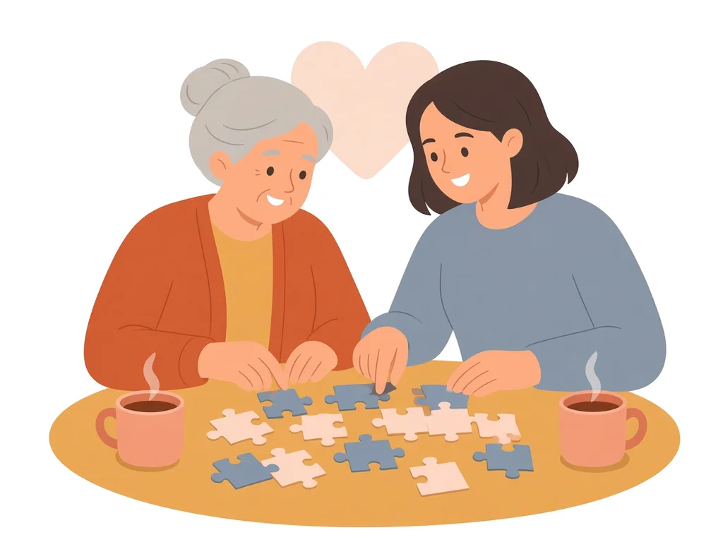 Ilustración de una mujer mayor y una acompañante haciendo un puzle juntas