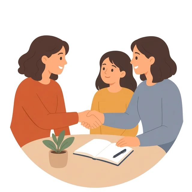 Ilustración de una psicóloga que estrecha la mano a una madre junto a su hija, con un cuaderno abierto sobre la mesa