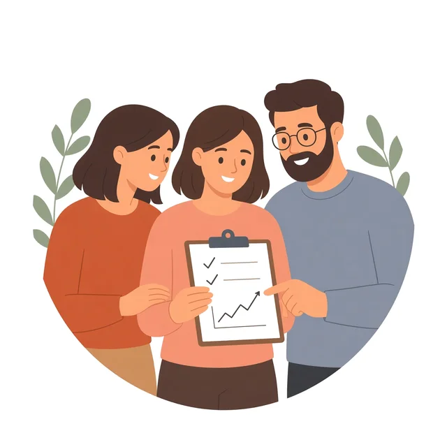 Ilustración de una psicóloga y una pareja que revisan juntos los avances anotados en una carpeta