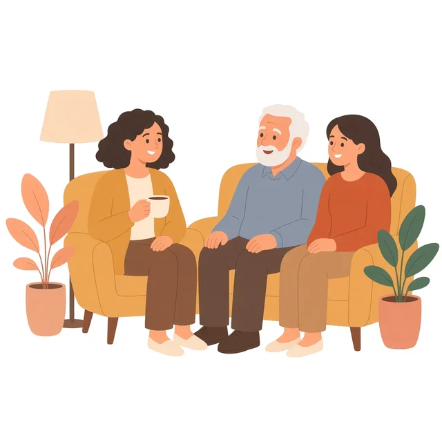 Ilustración de una trabajadora social que visita en casa a un hombre mayor y a su hija y conversa con ellos tomando un café