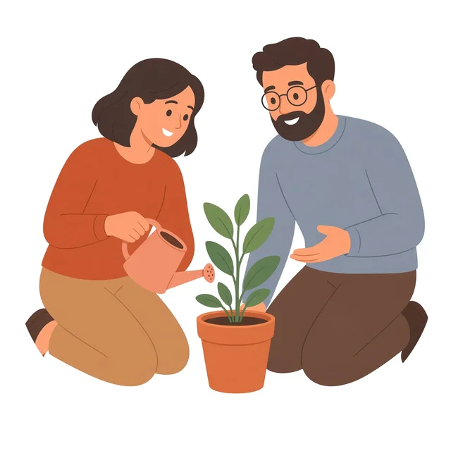 Ilustración de una mujer que riega una planta que crece mientras un profesional la anima