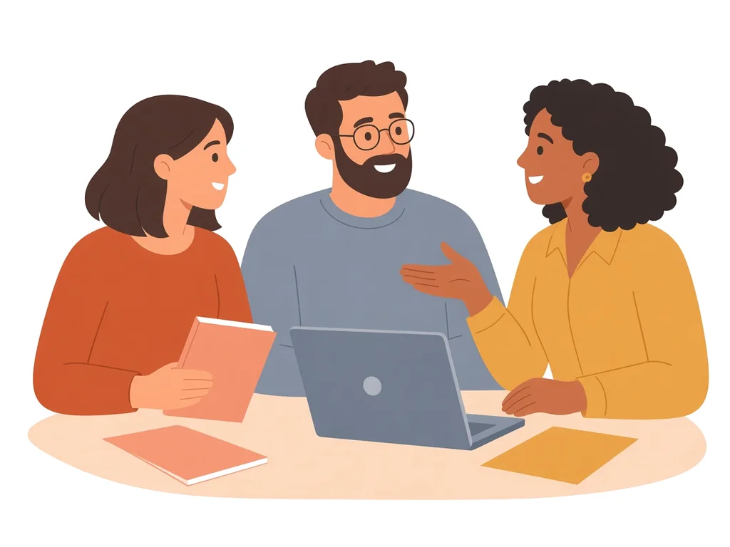 Ilustración de tres profesionales conversando en una reunión de equipo